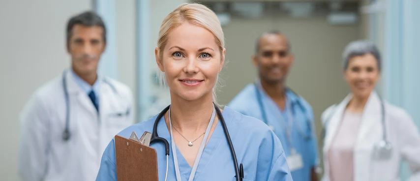 Medizinisches Team im Klinikflur: Pflegekraft mit Stethoskop und Klemmbrett im Fokus, Ärzte im Hintergrund. Medizinische Fachangestellte assistieren bei Behandlungen, betreuen Patienten und koordinieren Praxisabläufe.