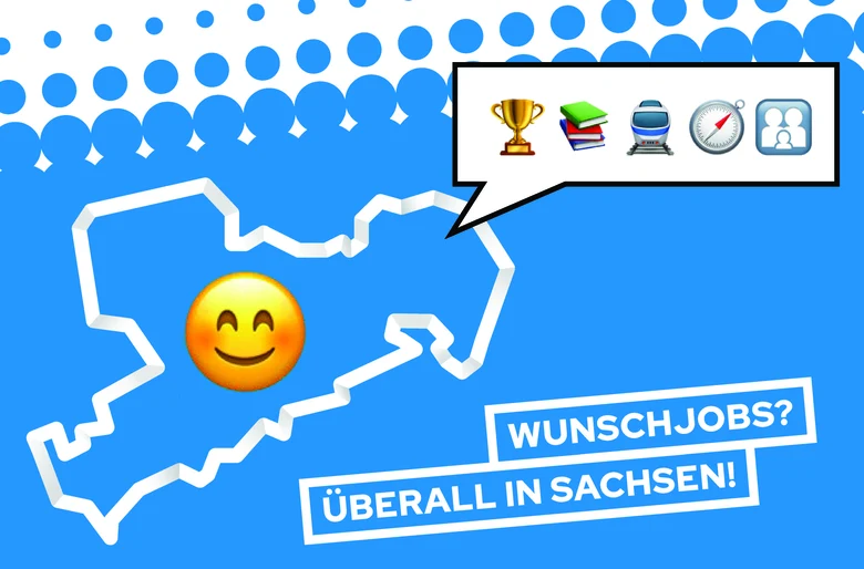 Werbekampagne für Ausbildung in Sachsen: Sachsen-Umriss mit Smiley, Icons für Erfolg, Bildung, Laptop, Tempo und Gemeinschaft. Slogan "Wunschjobs? Überall in Sachsen!" wirbt für vielfältige Karrierechancen und Ausbildungsmöglichkeiten im Freistaat.