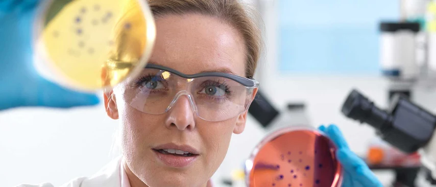 Biologielaborantin mit Schutzbrille untersucht Petrischale mit Bakterienkultur, Mikroskop im Hintergrund. Biologielaboranten züchten Zellkulturen, analysieren Mikroorganismen und führen molekularbiologische Untersuchungen in Laboren durch.