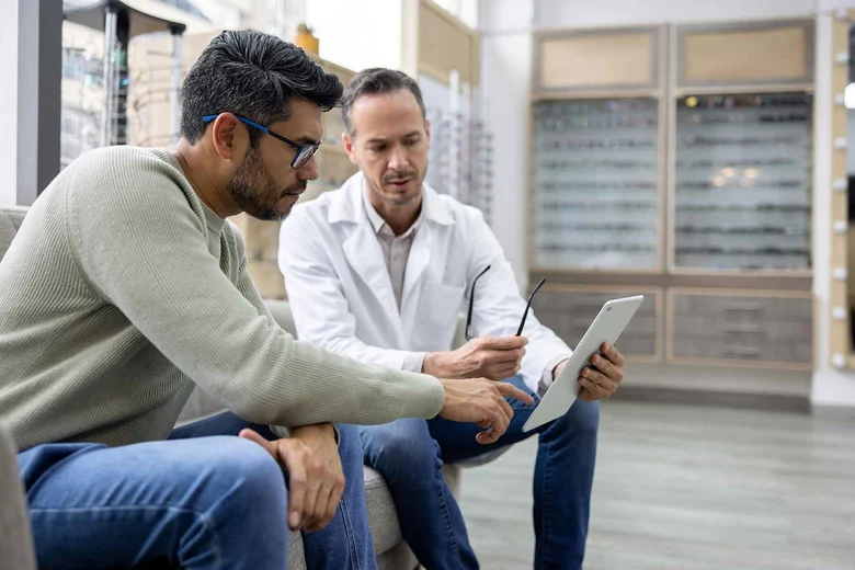 Optiker berät Kunden mit Tablet zu Sehhilfen in heller Umgebung. Augenoptiker führen Sehtests durch, beraten zu Brillen und Kontaktlinsen, fertigen und passen Sehhilfen individuell an und sorgen für optimale Sehkorrektur und Tragekomfort.