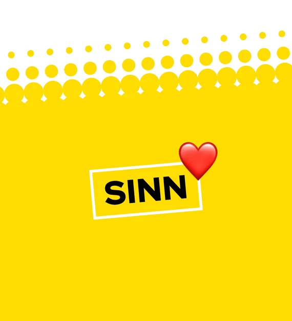 Grafik mit Text „SINN" und Herz-Symbol auf gelbem Hintergrund mit Punktmuster.